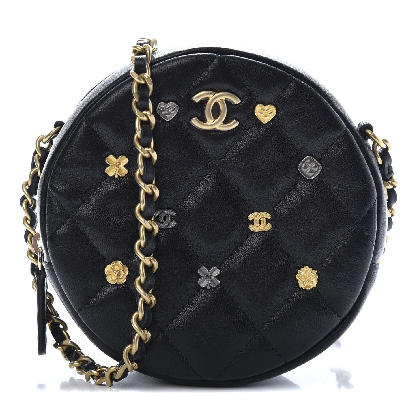 Lambskin Quilted Studded Round Clutch With Chain Black
