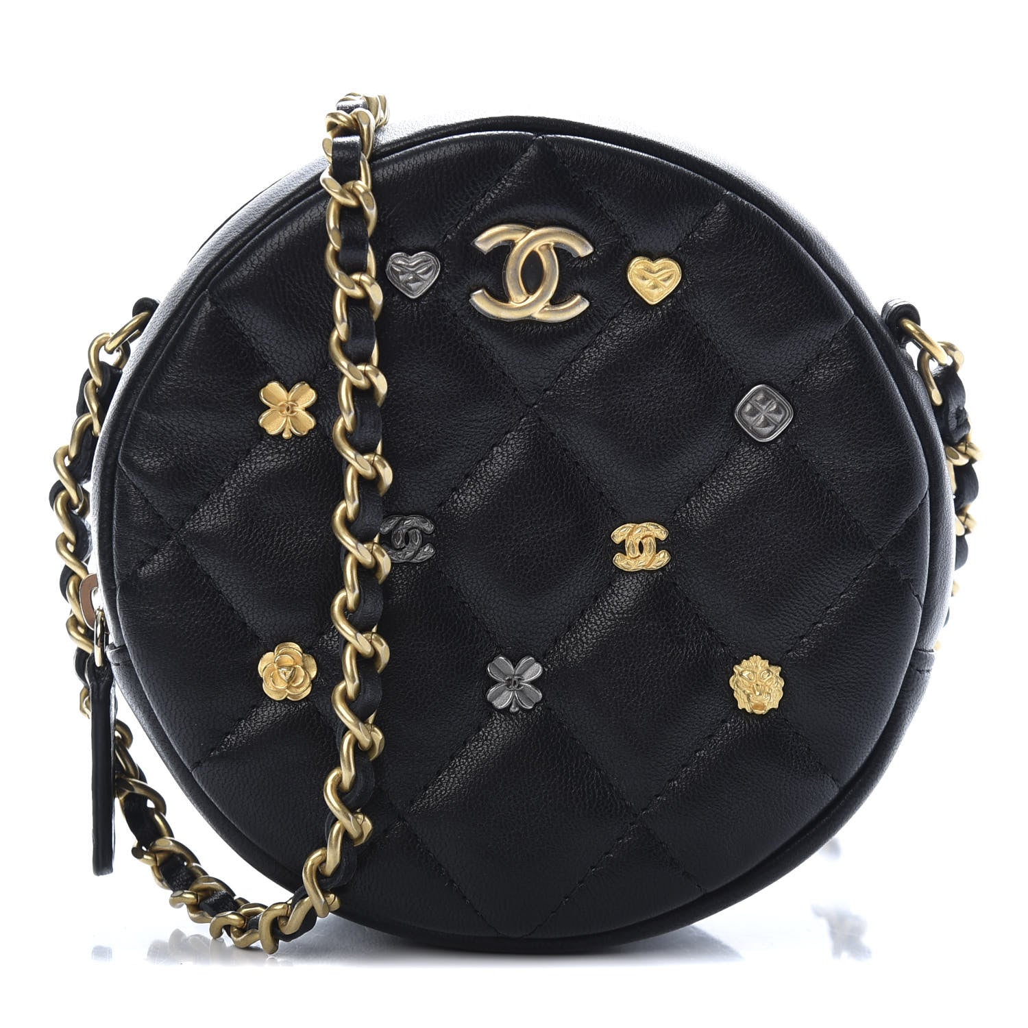 Chanel Lambskin Quilted Studded Round Clutch With Chain Black 1 of 9