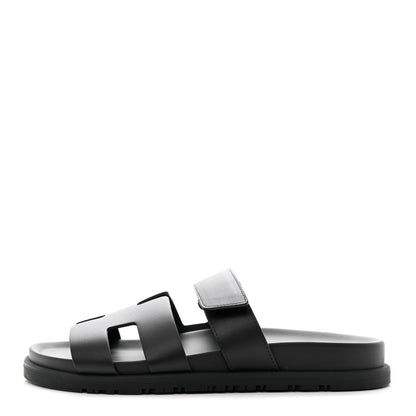 Hermes Calfskin Womens Chypre Sandals 37.5 Black 1 of 9