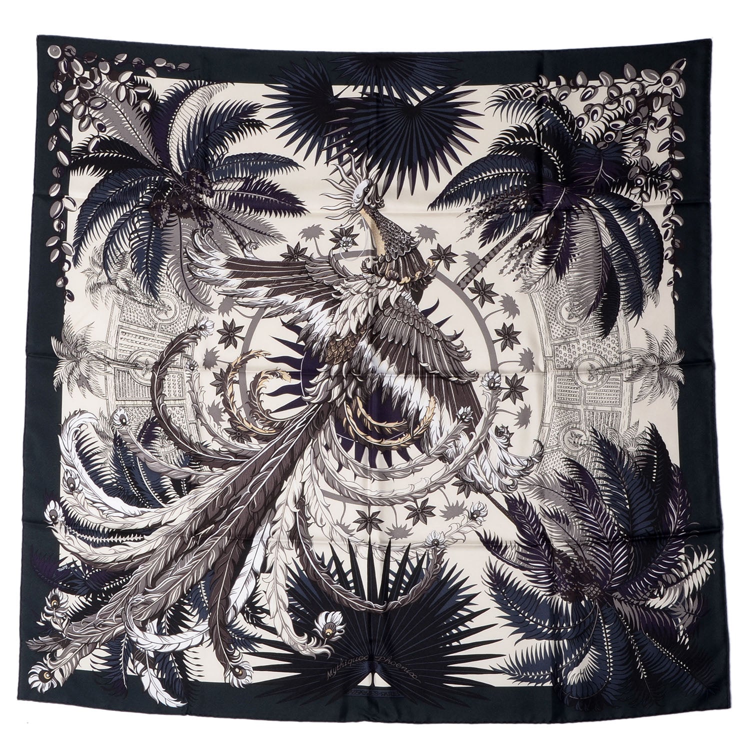 Hermes Silk Mythiques Phoenix Scarf 90 Vert Anthracite Vanille Auberg 2 of 5