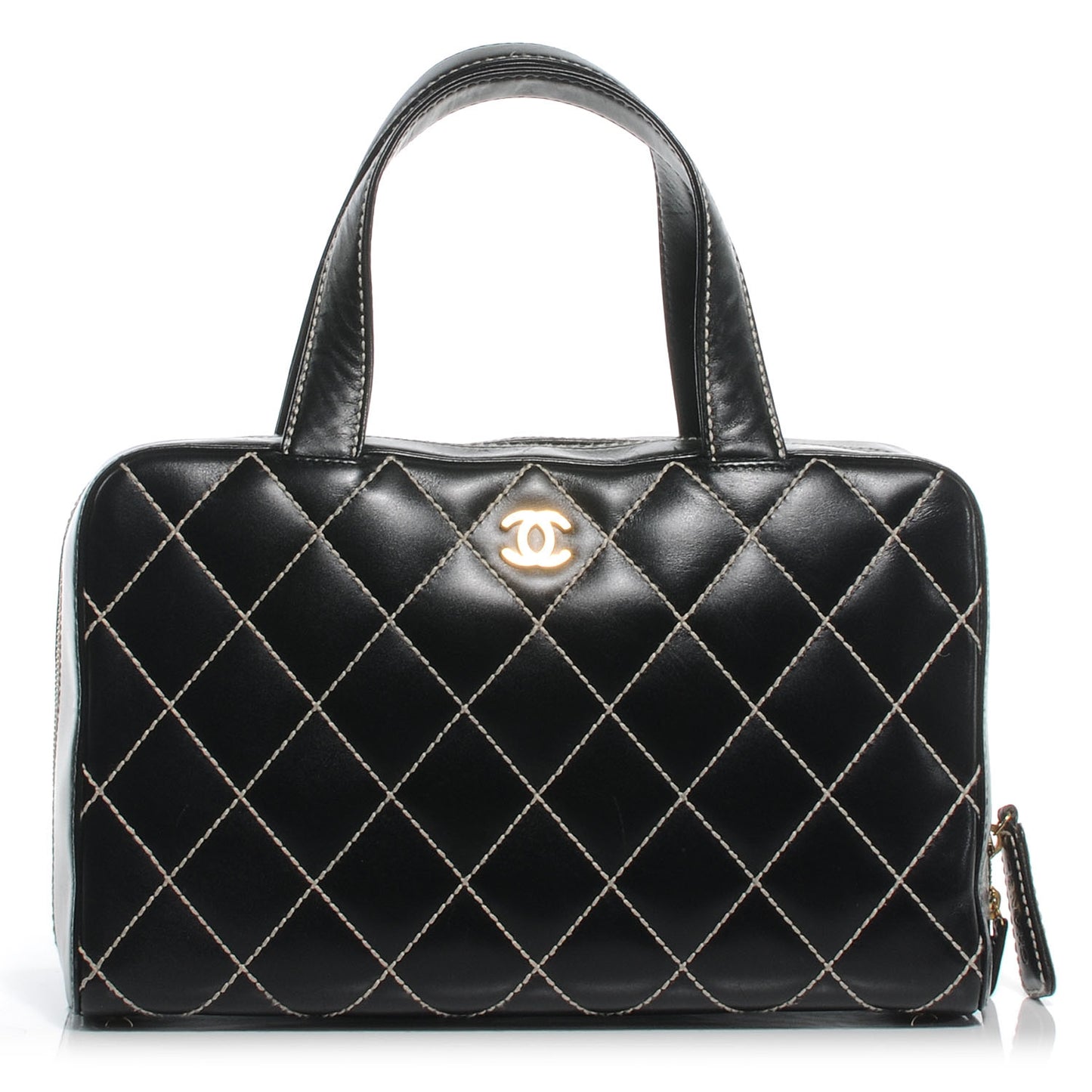 Leather Diamond Stitch Surpique Handbag Black