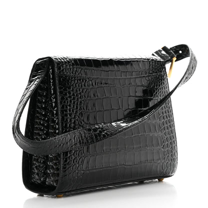 Balenciaga Shiny Calfskin Graffiti Logo Crocodile Embossed Medium Ghost Shoulder Bag Black White 3 of 13