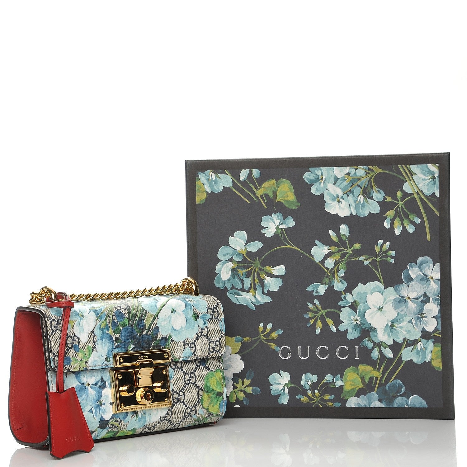 Gucci GG Supreme Monogram Blooms Small Padlock Shoulder Bag Beige Blue Navy Hibiscus Red 7 of 8