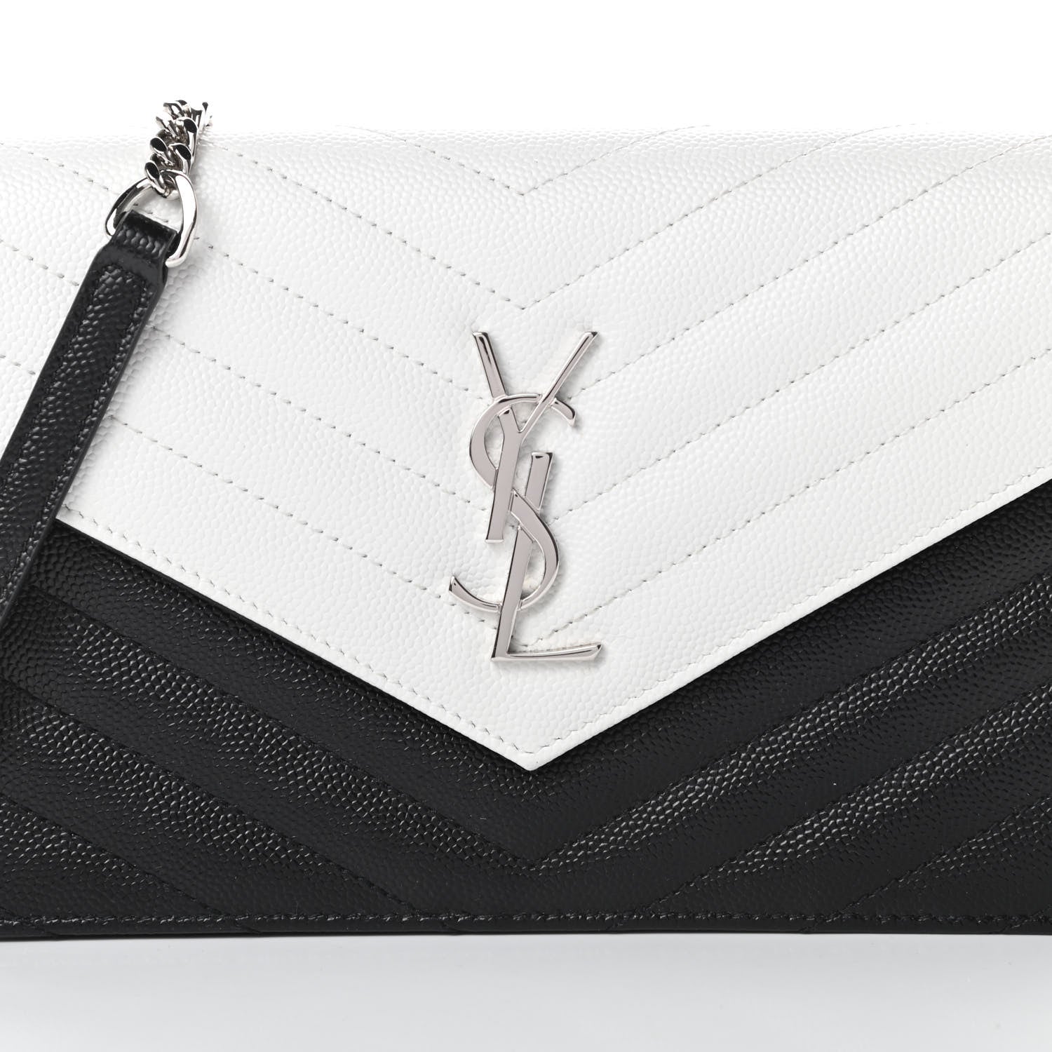 Saint Laurent Grain De Poudre Matelasse Chevron Monogram Envelope Chain Wallet Pearl White Black 8 of 11