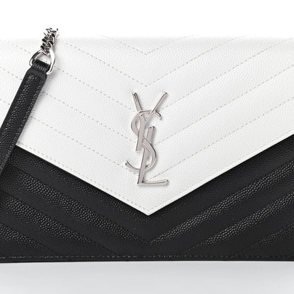 Saint Laurent Grain De Poudre Matelasse Chevron Monogram Envelope Chain Wallet Pearl White Black 8 of 11