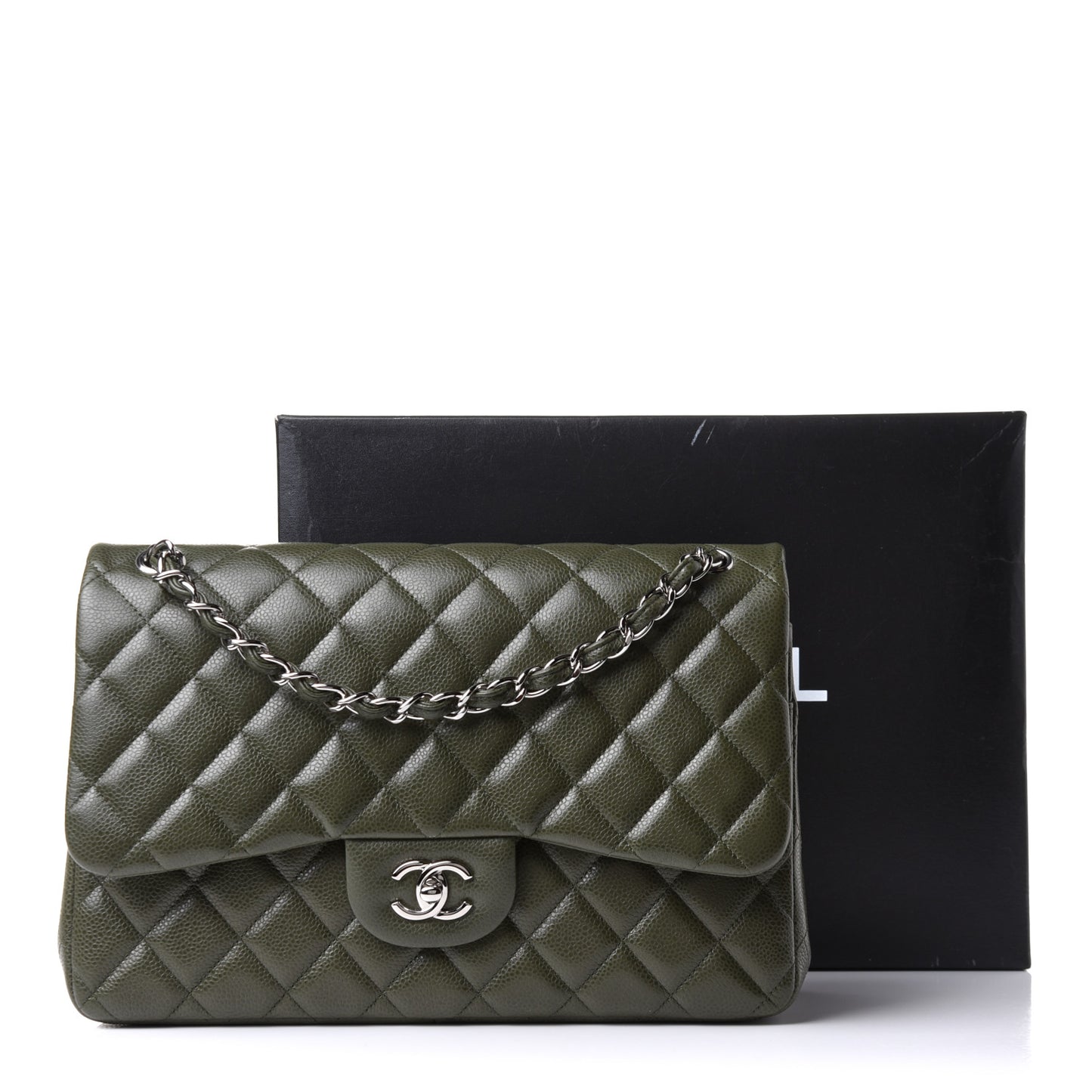 Caviar Quilted Jumbo Double Flap Dark Green