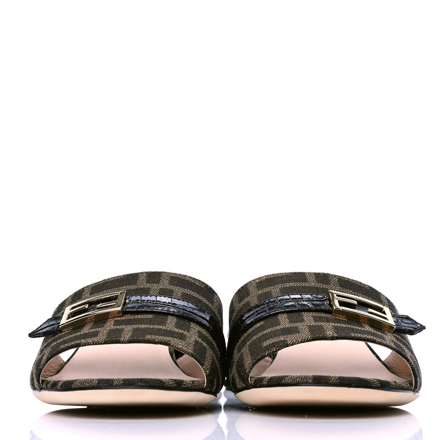 Jacquard Calfskin FF Crocodile Embossed Promenade Slide Sandals 39 Tobacco Moro Black