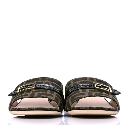 Fendi Jacquard Calfskin FF Crocodile Embossed Promenade Slide Sandals 39 Tobacco Moro Black 2 of 4