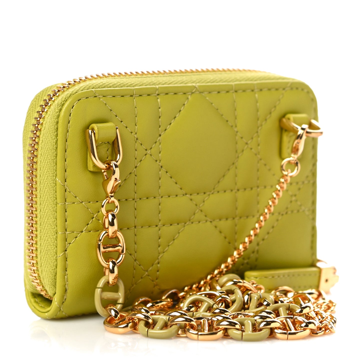 Lambskin Cannage Mini Caro Zipped Pouch on Chain Lime