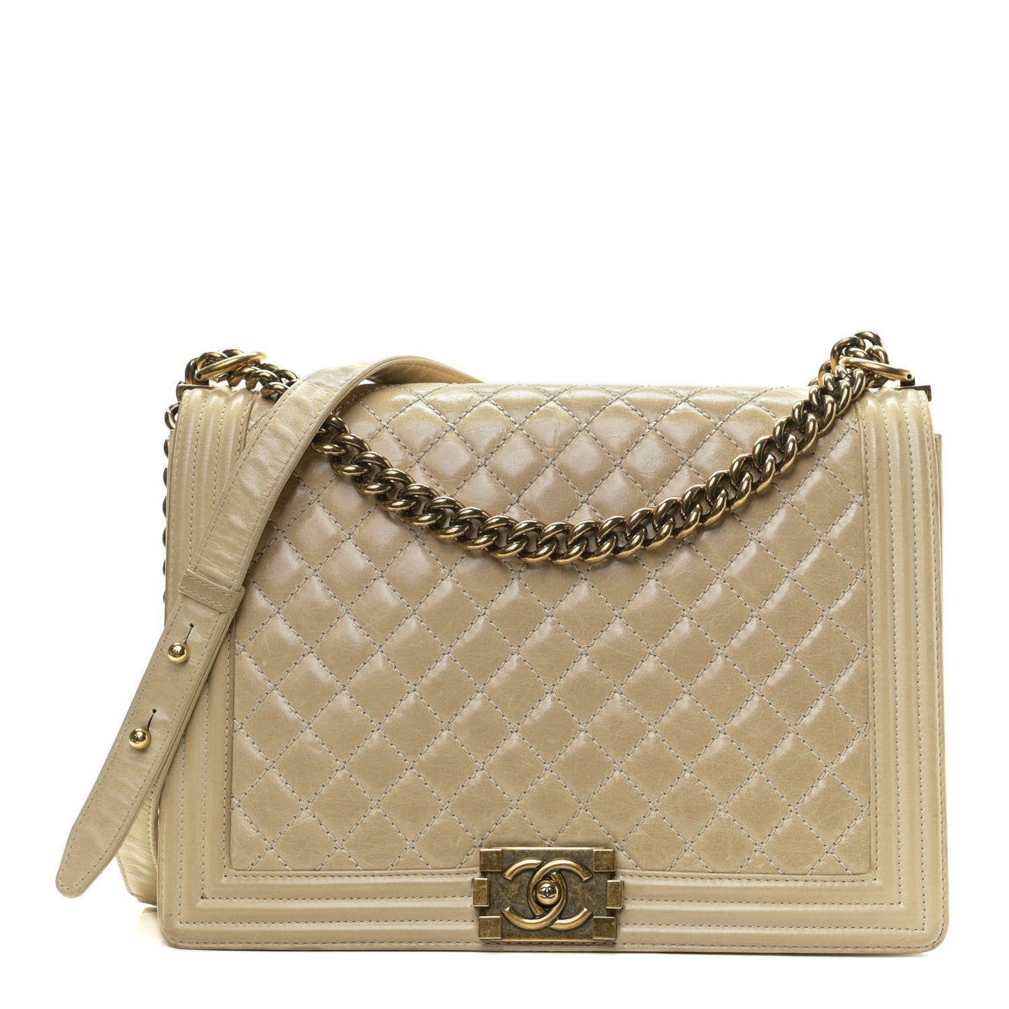 Glazed Calfskin Quilted Large Boy Flap Beige