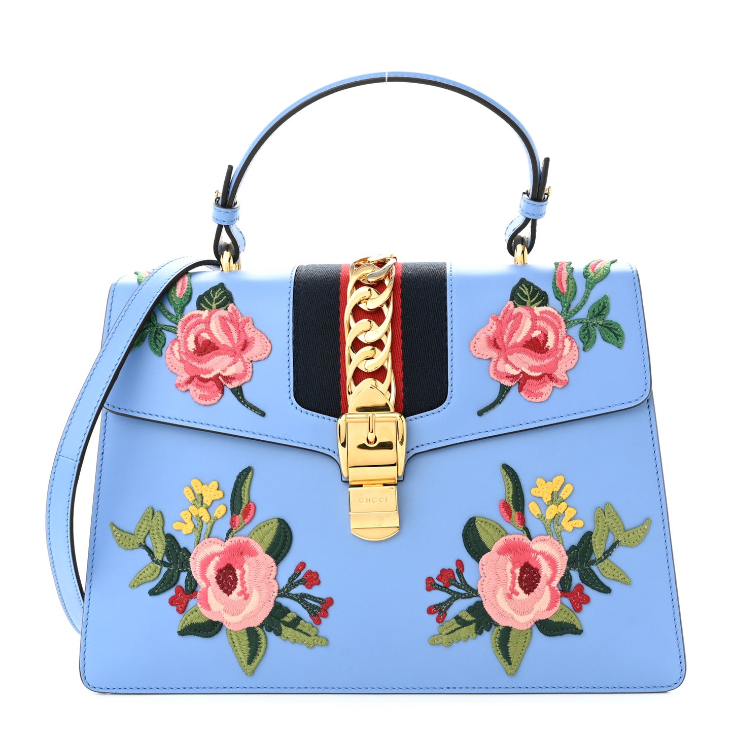 Calfskin Embroidered Medium Sylvie Top Handle Bag Clear Sky Blue