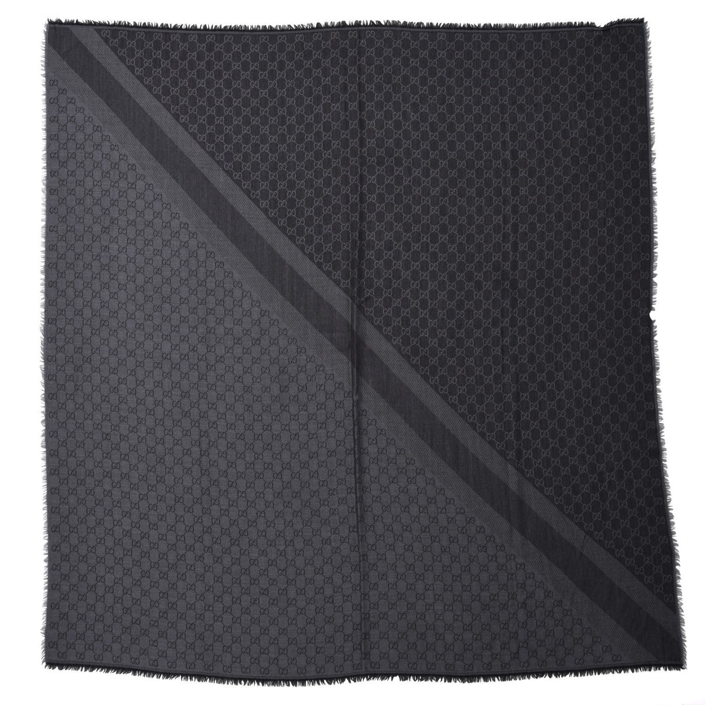 Wool Silk Monogram GGWeb Fringe Shawl Black Medium Grey
