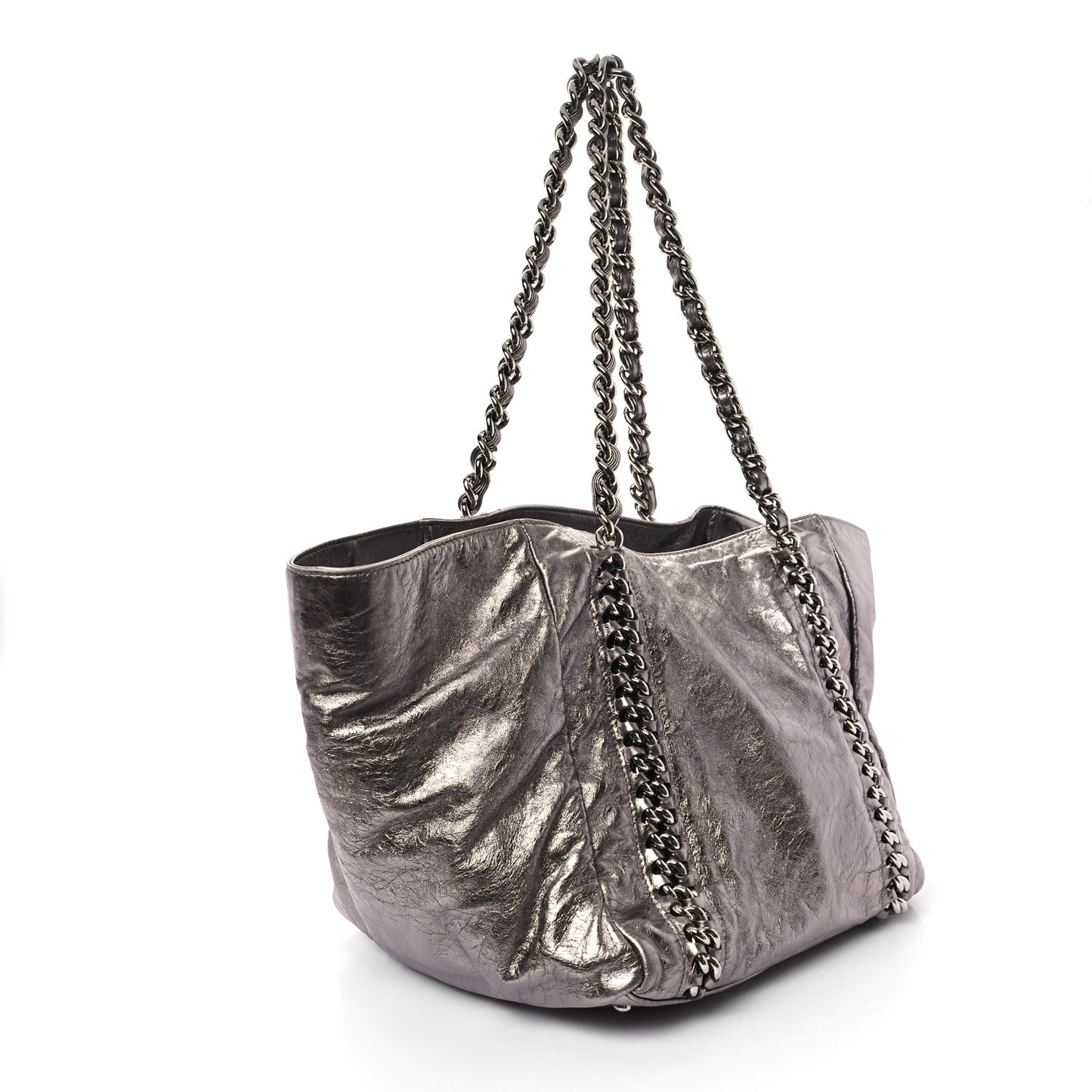 Metallic Cracked Calfskin Modern Chain Tote Dark Silver
