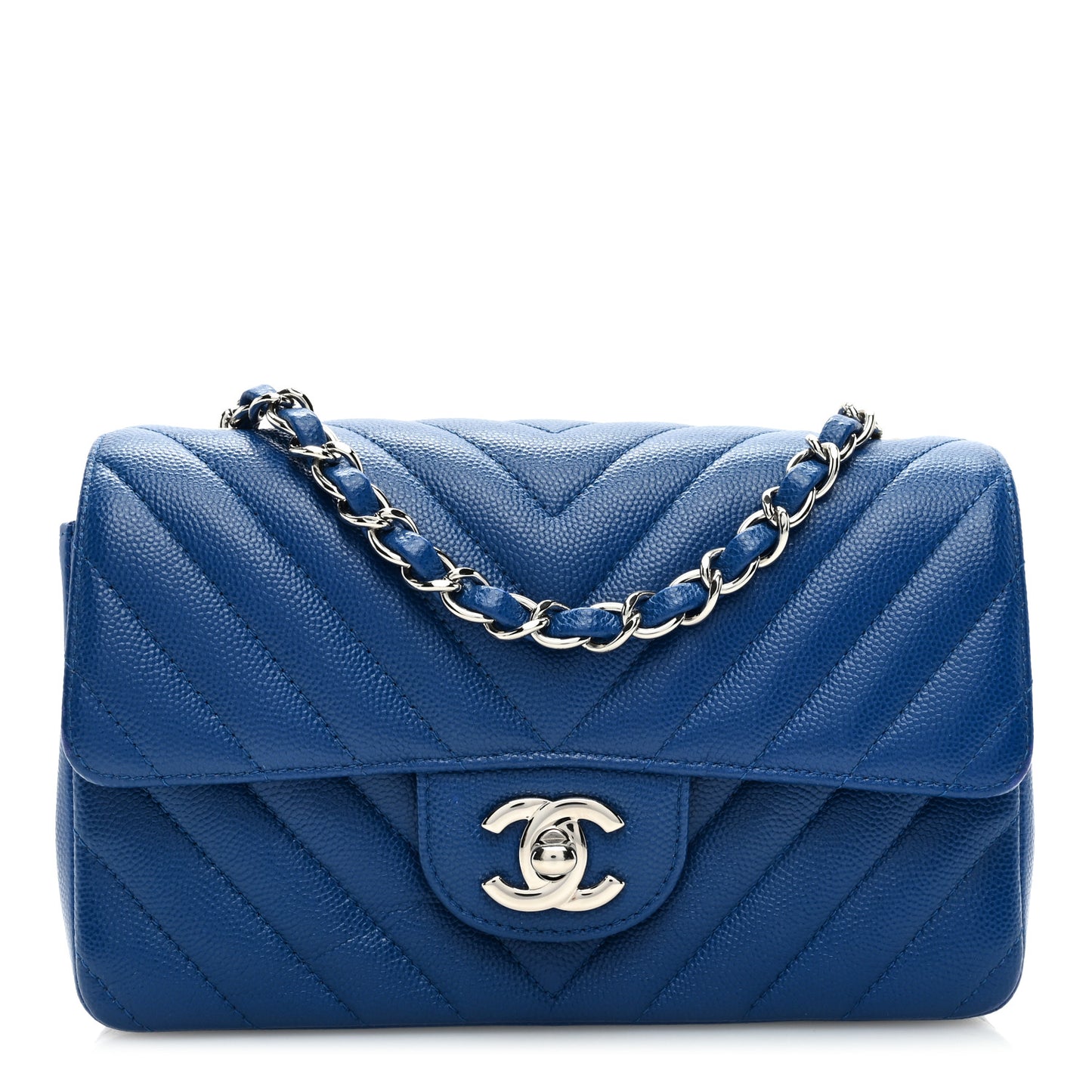 Caviar Chevron Quilted Mini Rectangular Flap Blue