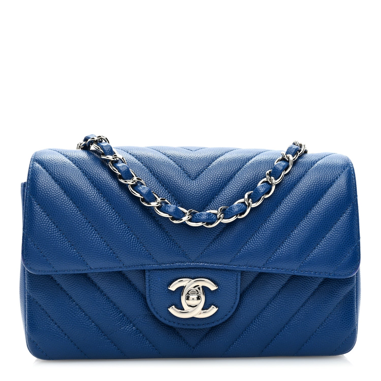 Chanel Caviar Chevron Quilted Mini Rectangular Flap Blue 1 of 10