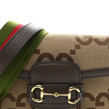 Gucci Monogram Jumbo GG Textured Dollar Calfskin Web Mini Horsebit 1955 Shoulder Bag Camel Ebony New Acero 7 of 9