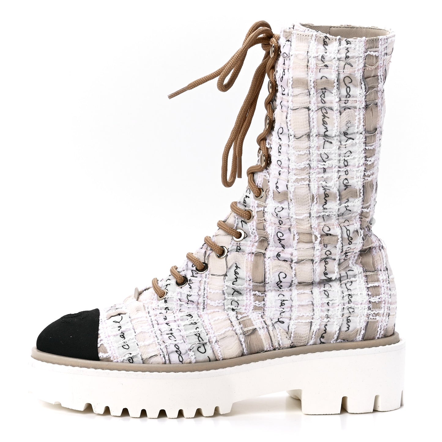 Tweed Grosgrain Cap Toe Lace Up Combat Boots 37 Multicolor