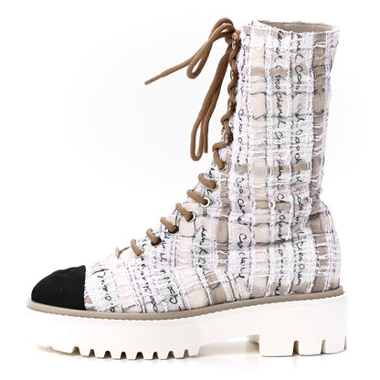 Chanel Tweed Grosgrain Cap Toe Lace Up Combat Boots 37 Multicolor 1 of 8