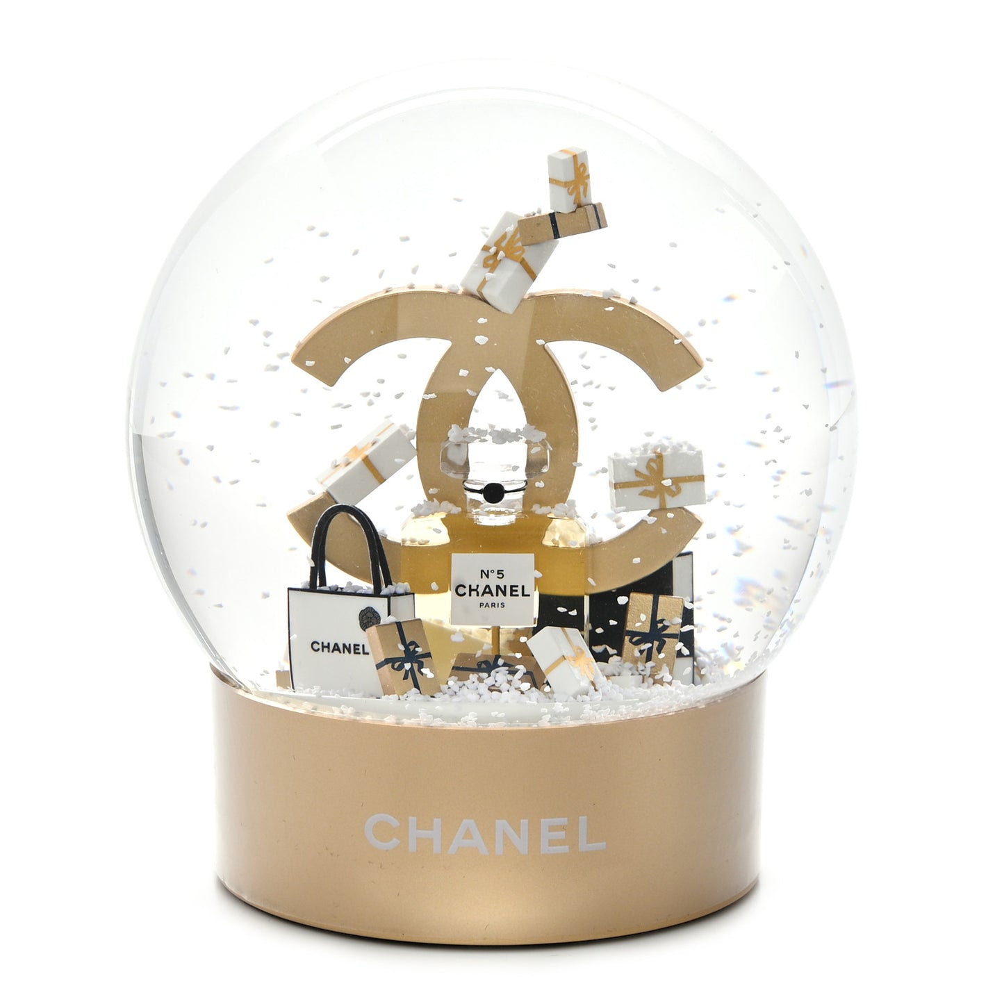 Glass CC Shopping Bag Snow Globe Gold