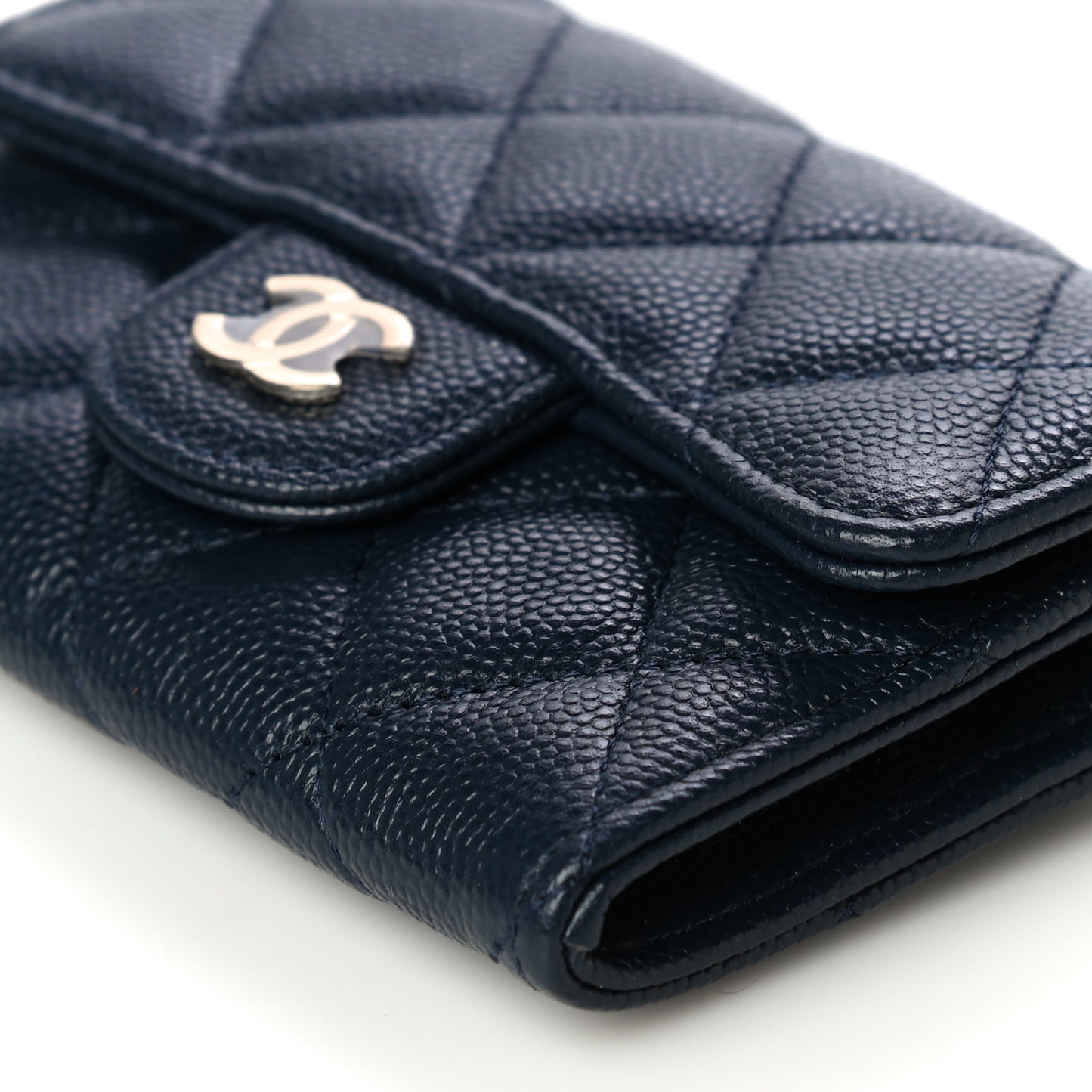 Caviar Quilted Flap Card Holder Wallet Navy Blue