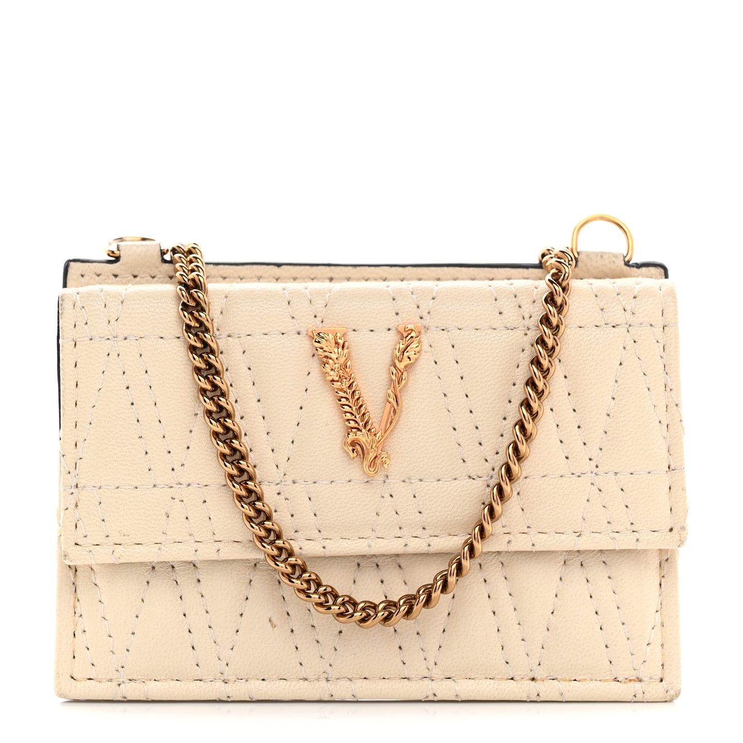 Lambskin Quilted Virtus Chain Card Holder Ecru