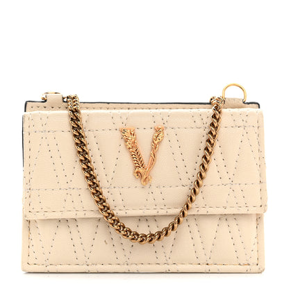 Versace Lambskin Quilted Virtus Chain Card Holder Ecru 1 of 9