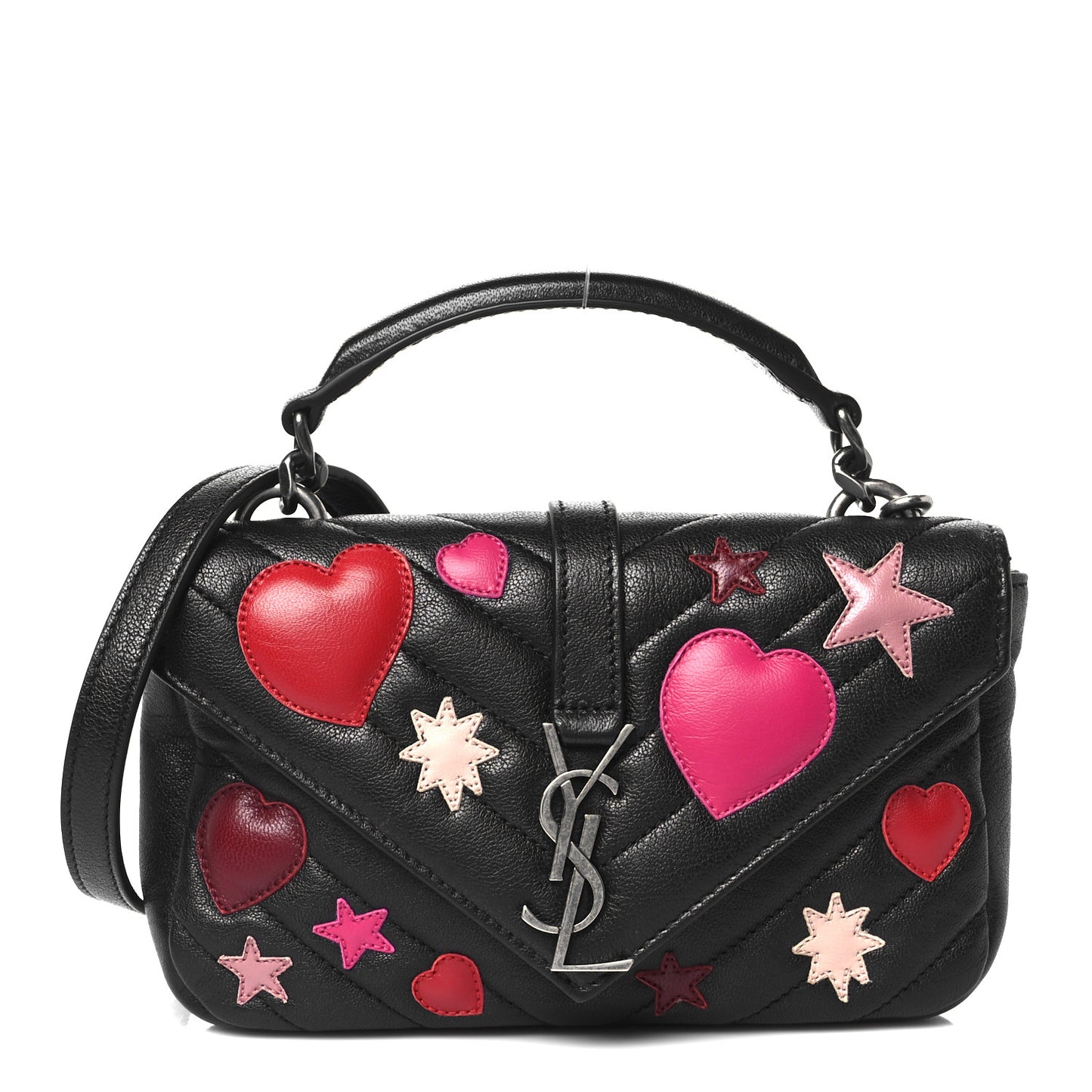 Calfskin Matelasse Chevron Heart Patchwork Monogram College Chain Wallet Black