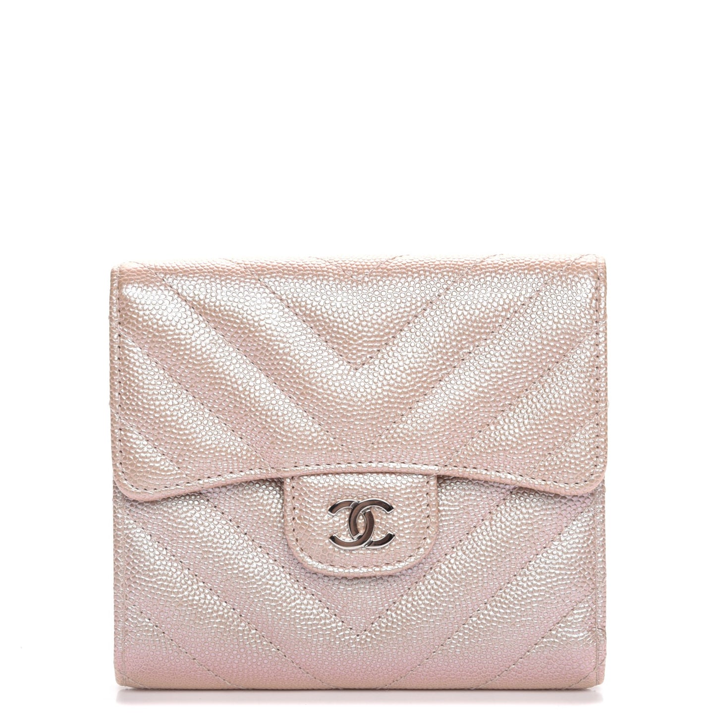 Metallic Caviar Chevron Quilted Compact Flap Wallet Light Gold