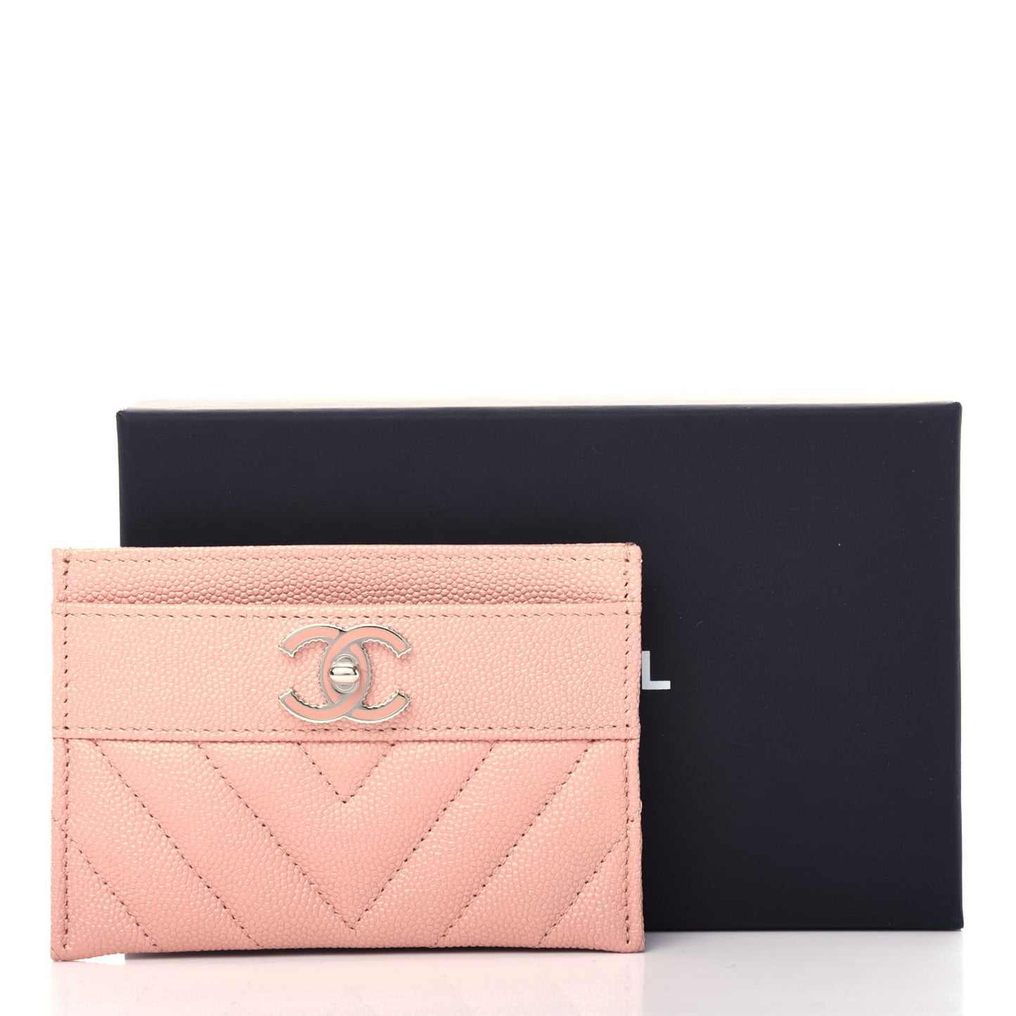 Metallic Caviar Chevron Quilted Vintage Mademoiselle Card Holder Pink