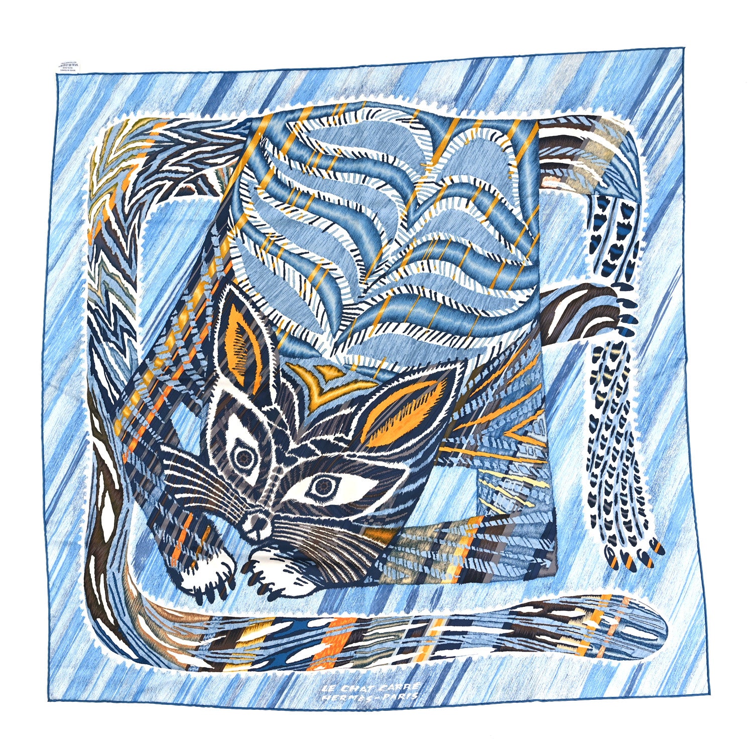 Hermes Silk Le Chat Carre Scarf 90 Bleu Caramel White 1 of 5