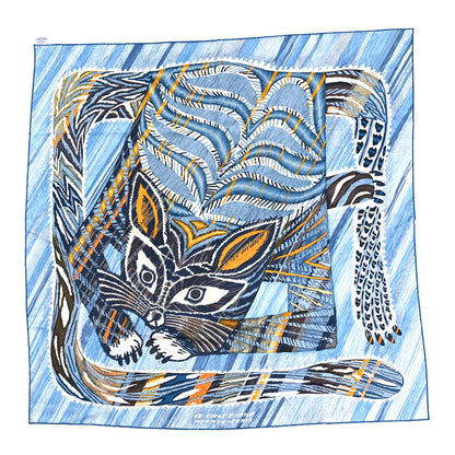 Hermes Silk Le Chat Carre Scarf 90 Bleu Caramel White 1 of 5