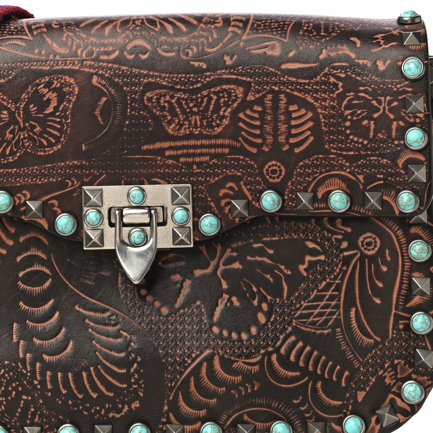 Valentino Garavani Calfskin Embossed Medium Guitar Strap Rockstud Rolling Flap Saddle Bag Brown 7 of 17
