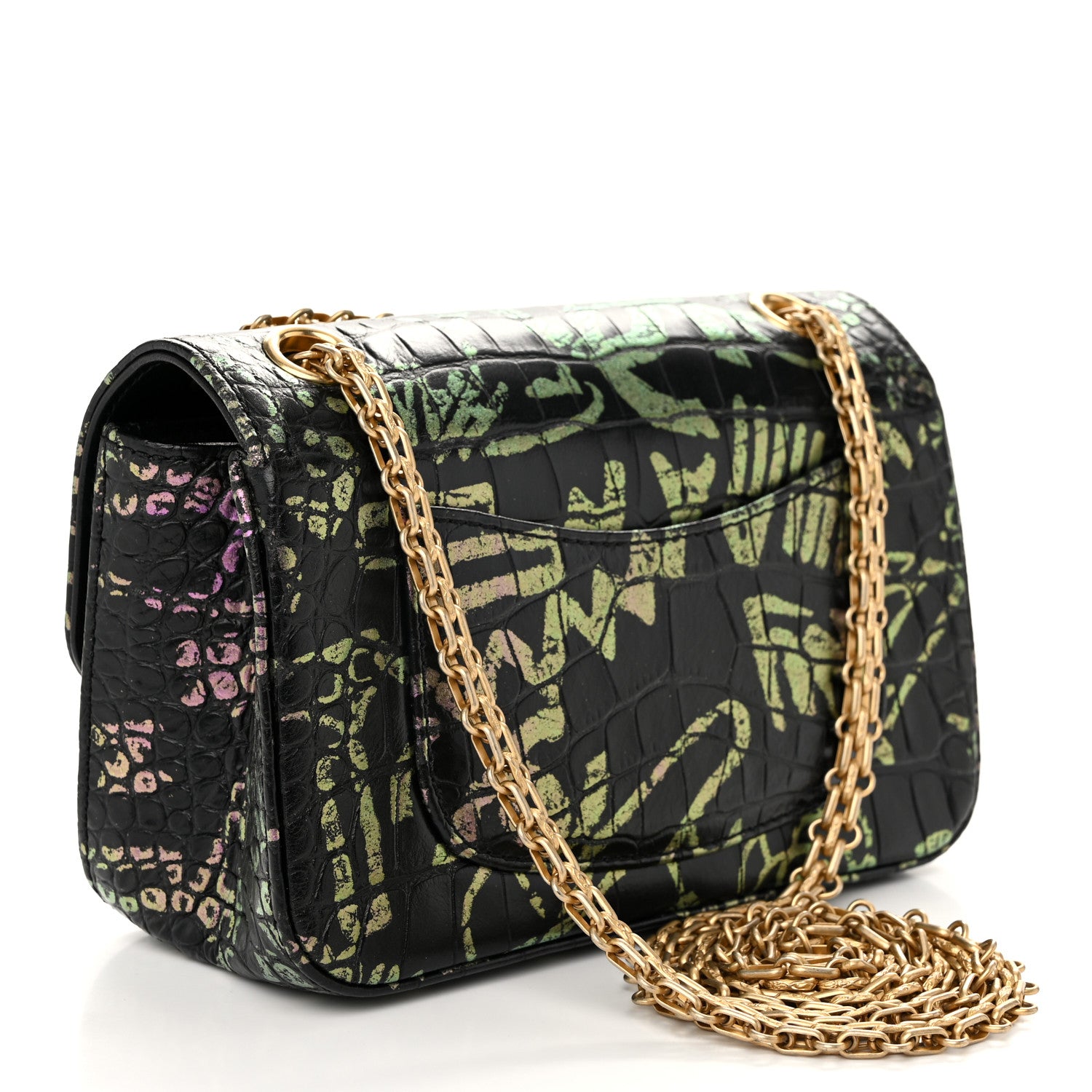 Chanel Calfskin Crocodile Embossed Graffiti 2.55 Mini Cocodile Reissue Flap Black Pink 3 of 10