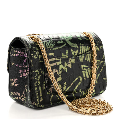 Chanel Calfskin Crocodile Embossed Graffiti 2.55 Mini Cocodile Reissue Flap Black Pink 3 of 10