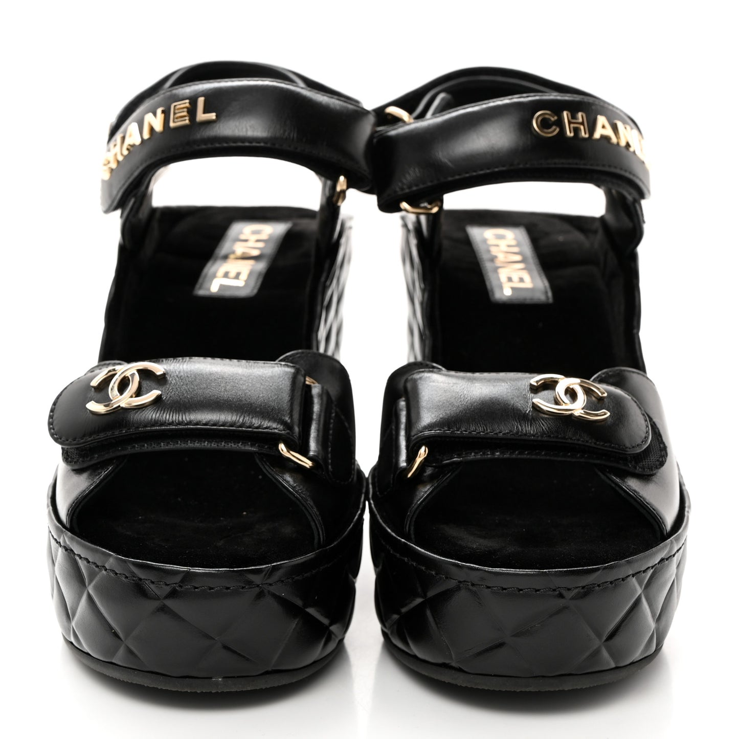 Shiny Calfskin Quilted Wedge Sandals 38 Black