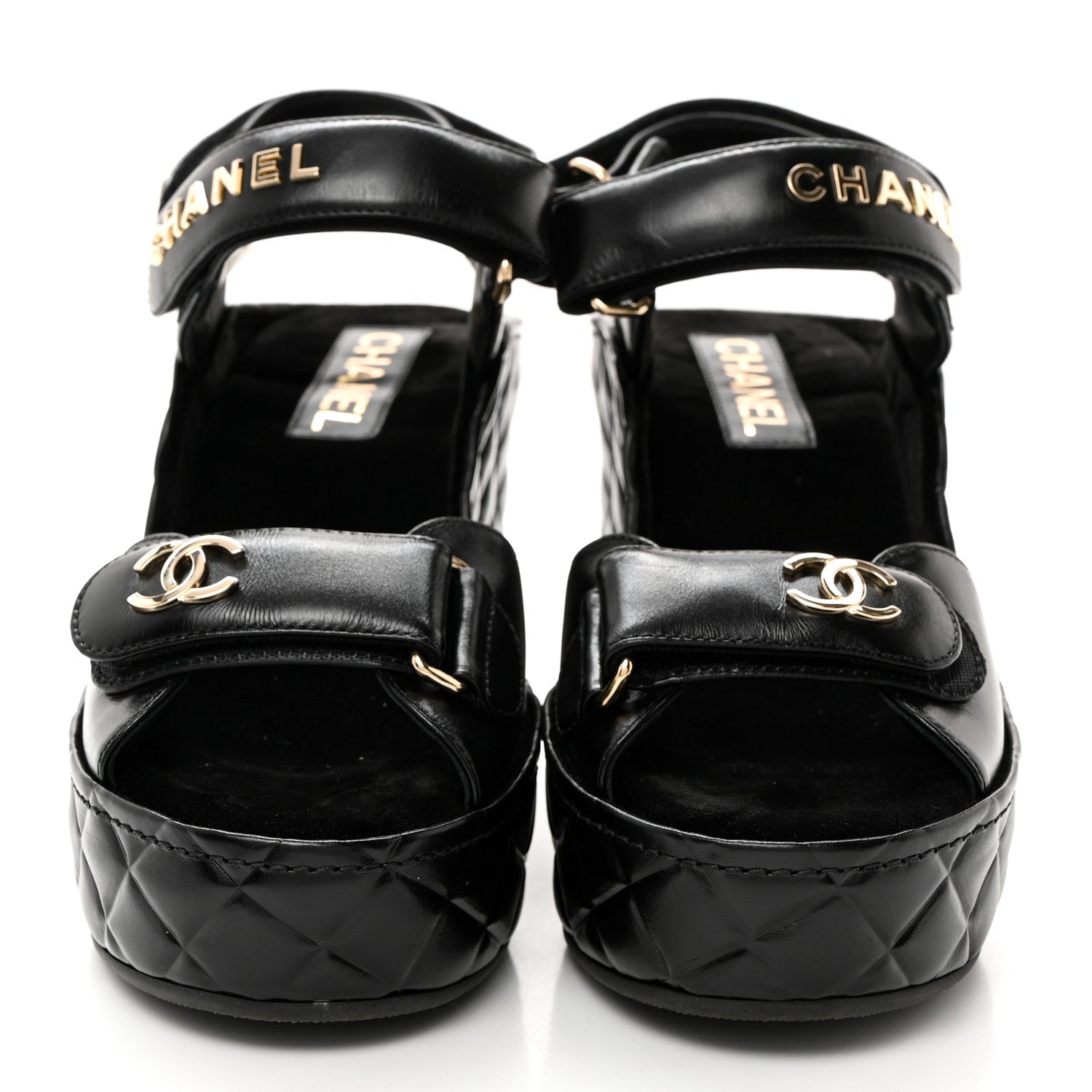 Chanel Shiny Calfskin Quilted Wedge Sandals 38 Black 2 of 9