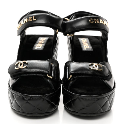 Chanel Shiny Calfskin Quilted Wedge Sandals 38 Black 2 of 9