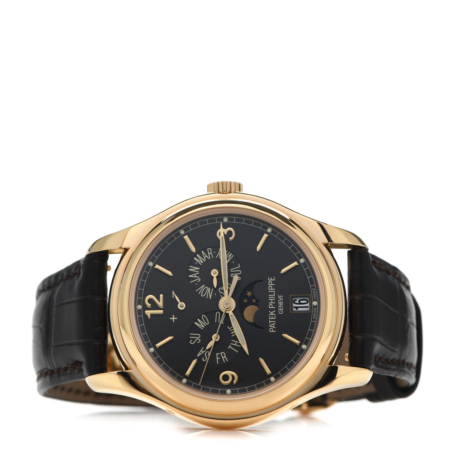 Patek Philippe 18K Yellow Gold Alligator 39mm Complications Annual Calendar Automatic Watch Grey 5146 2 of 5