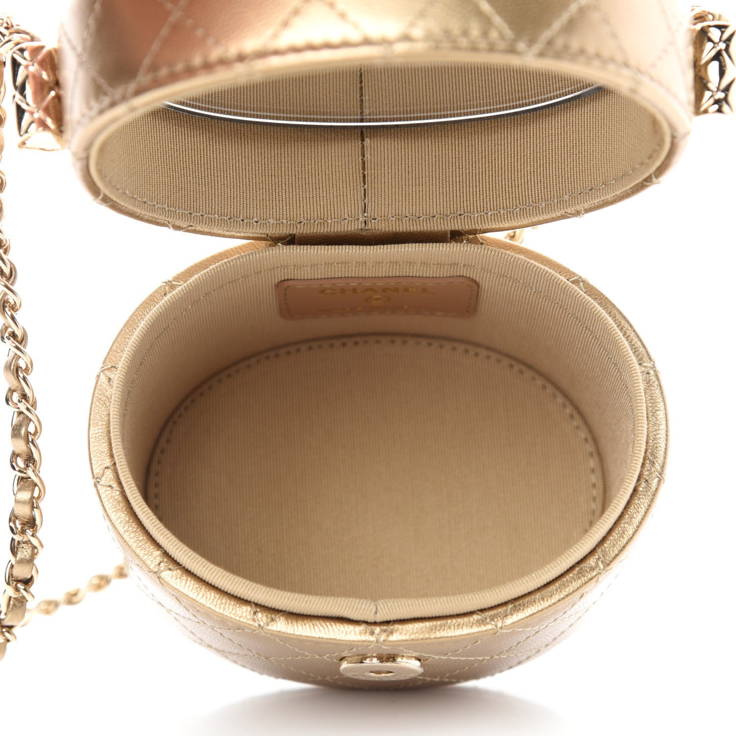 Metallic Lambskin Quilted Round Mini Vanity Case With Chain Gold
