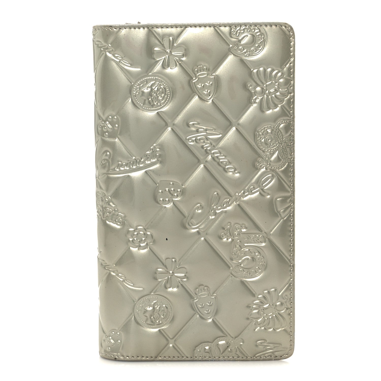 Chanel Metallic Patent Calfskin Quilted Lucky Symbols Yen Wallet Silver 1 of 12