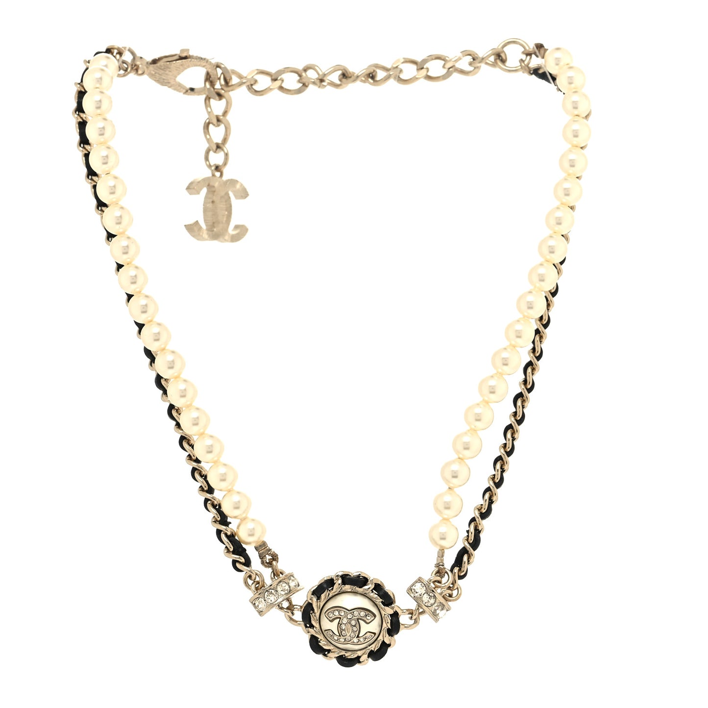 Pearl Crystal Lambskin CC Choker Gold Black