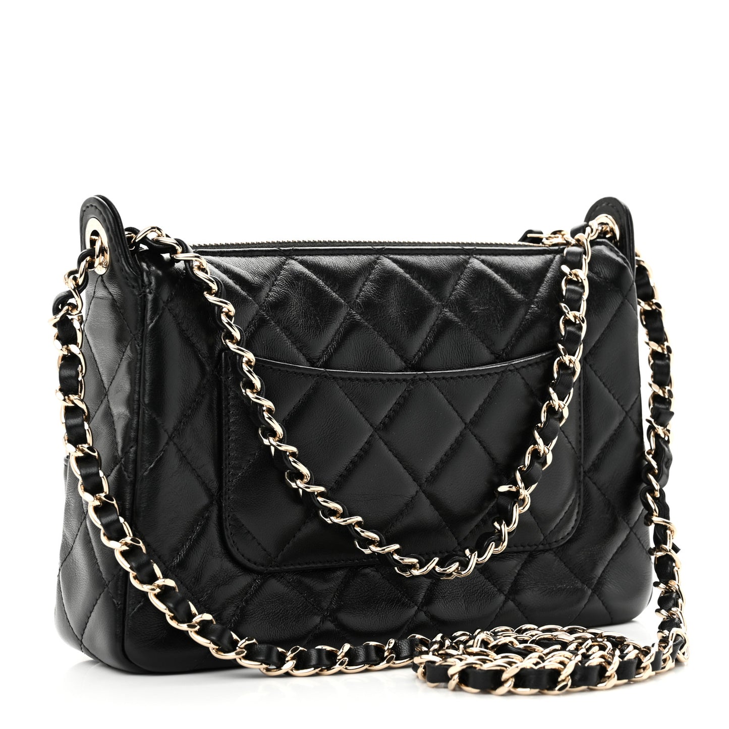 Shiny Crumpled Lambskin Quilted Small Preppy Pocket Clutch With Chain Black