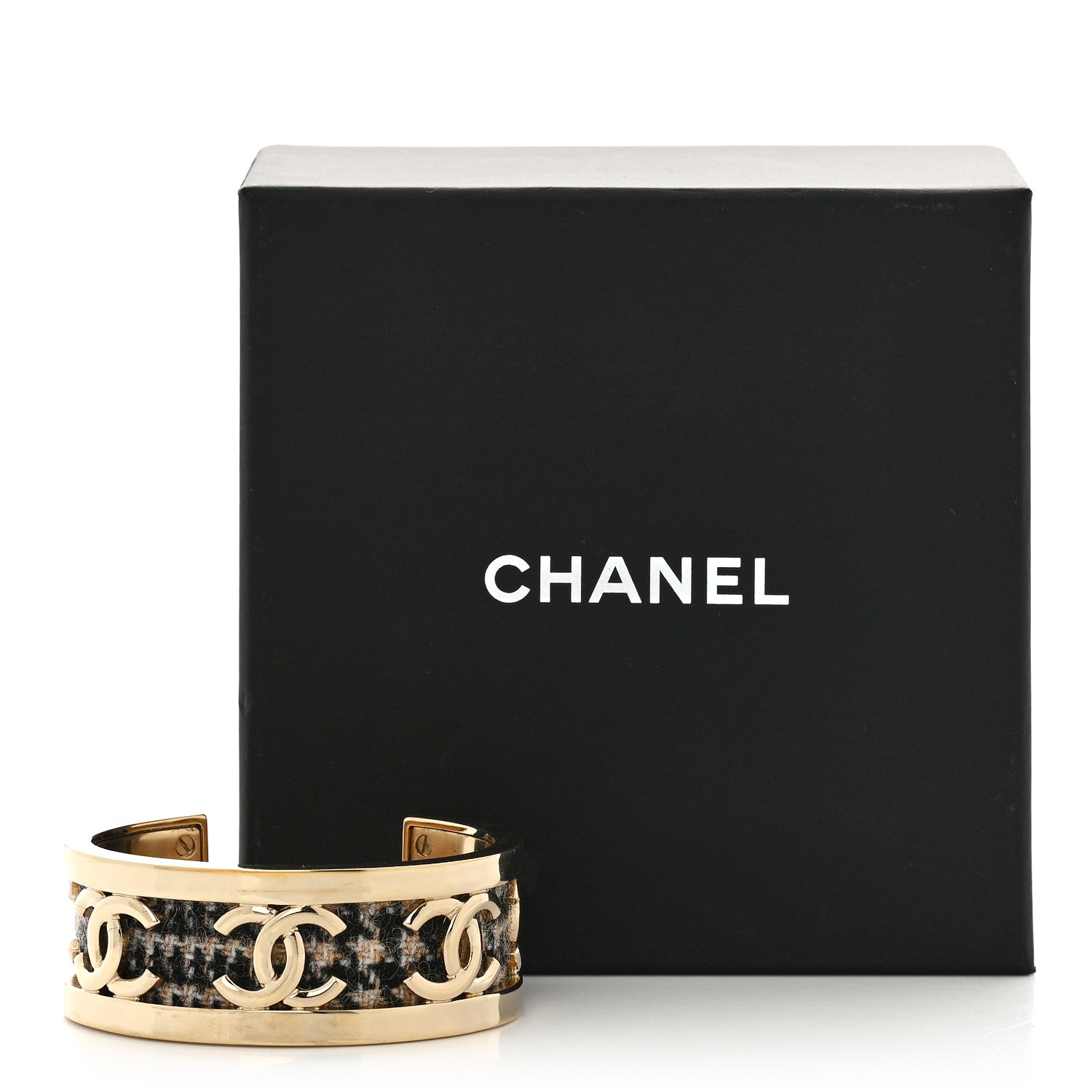 Chanel CC Tweed Cuff Bracelet M Gold Beige Black 6 of 6