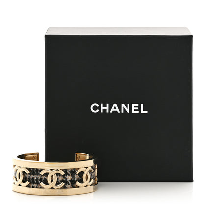Chanel CC Tweed Cuff Bracelet M Gold Beige Black 6 of 6