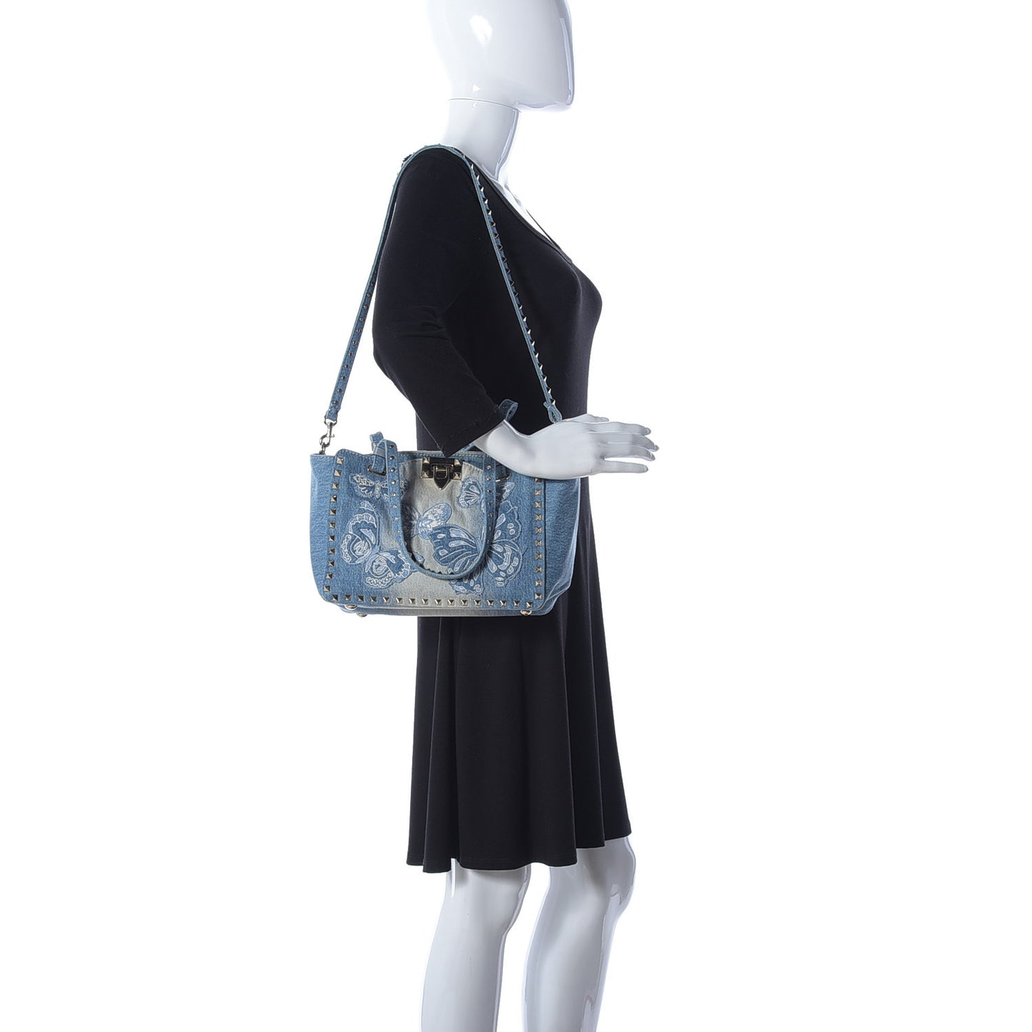 Denim Butterfly Embroidered Small Rockstud Tote Light Denim