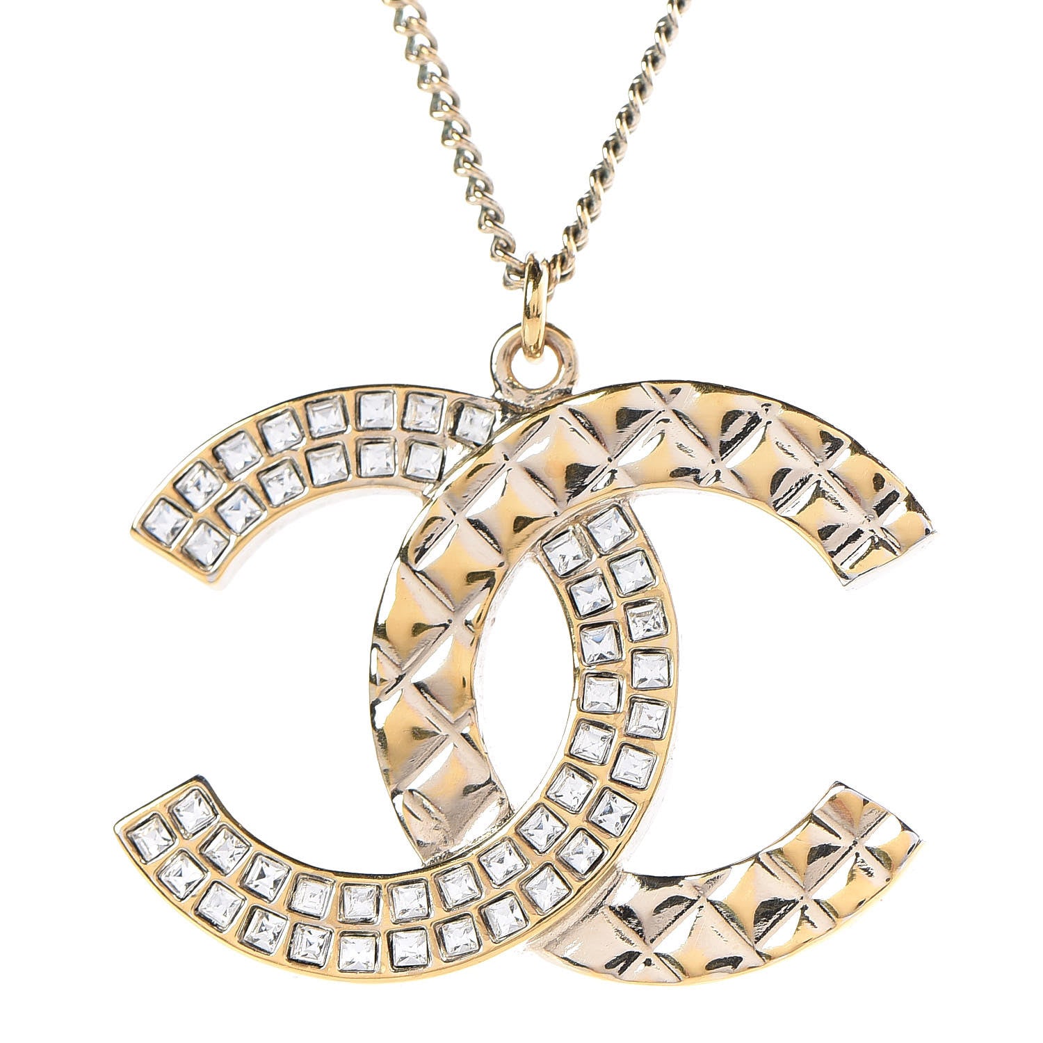 Chanel Baguette Crystal Quilted CC Pendant Necklace Gold 5 of 6
