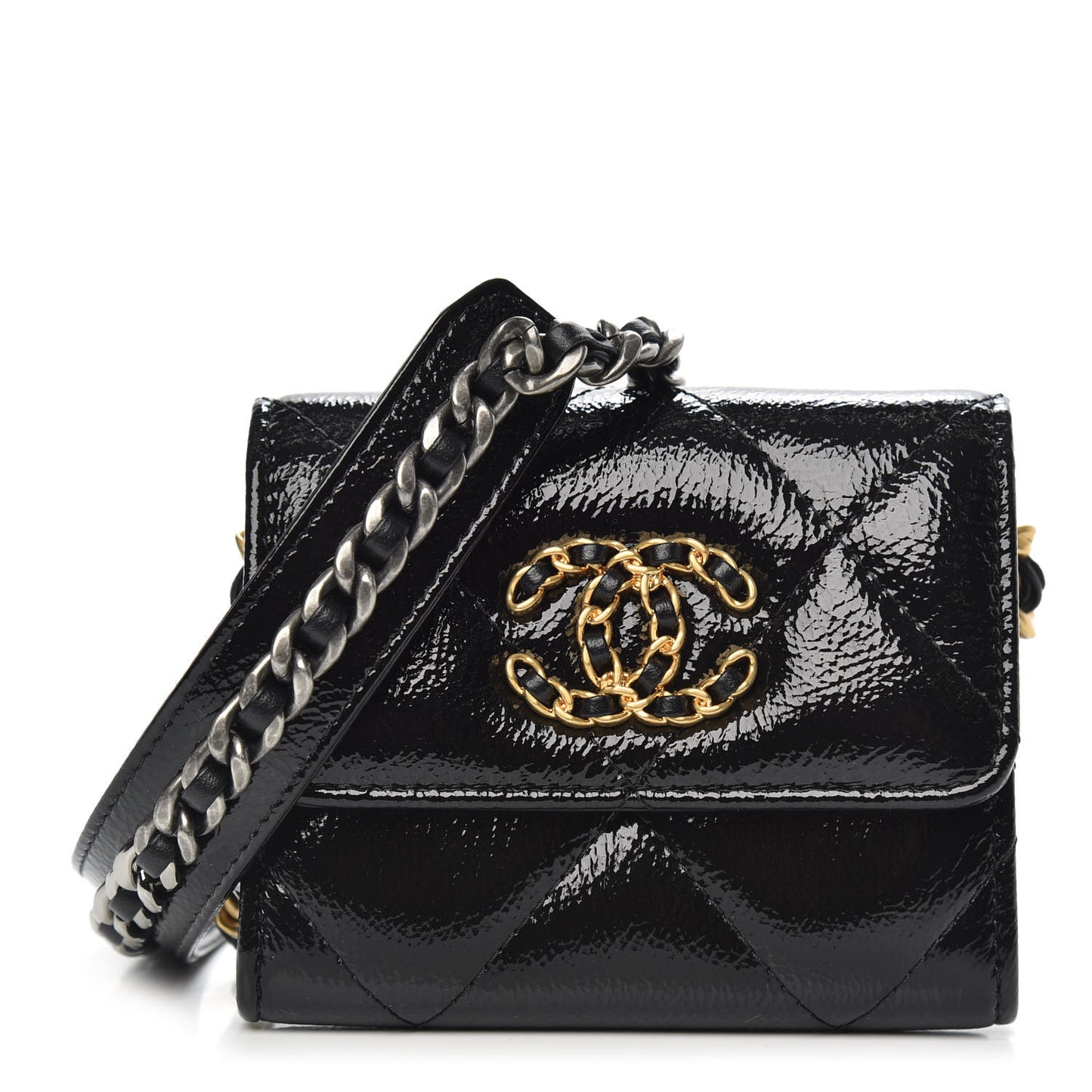 Shiny Crumpled Calfskin Quilted Chanel 19 Flap Coin Purse With Chain Black
