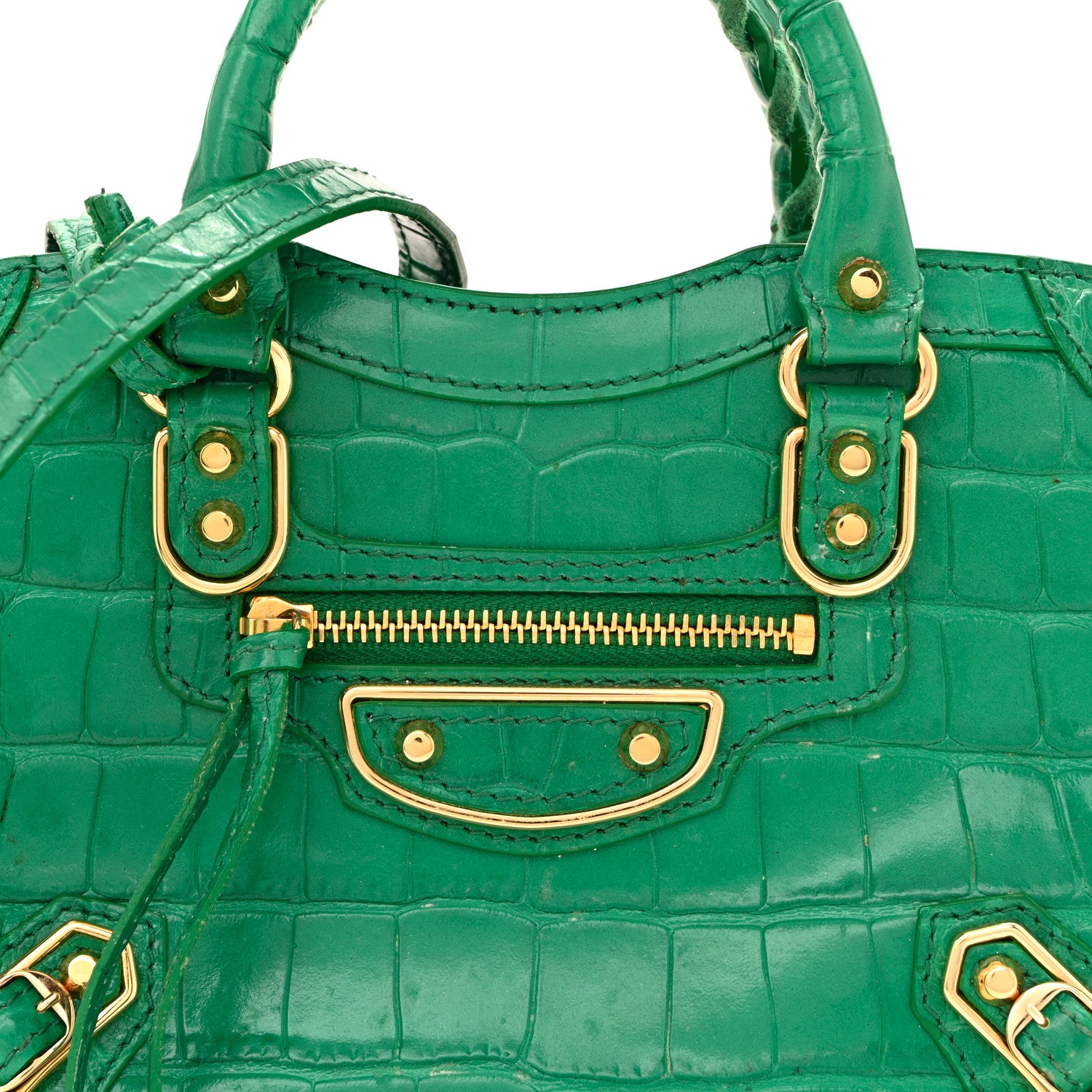 Balenciaga Shiny Supple Calfskin Crocodile Embossed Gold Metallic Edge Hardware Nano City Leaf Green 9 of 16