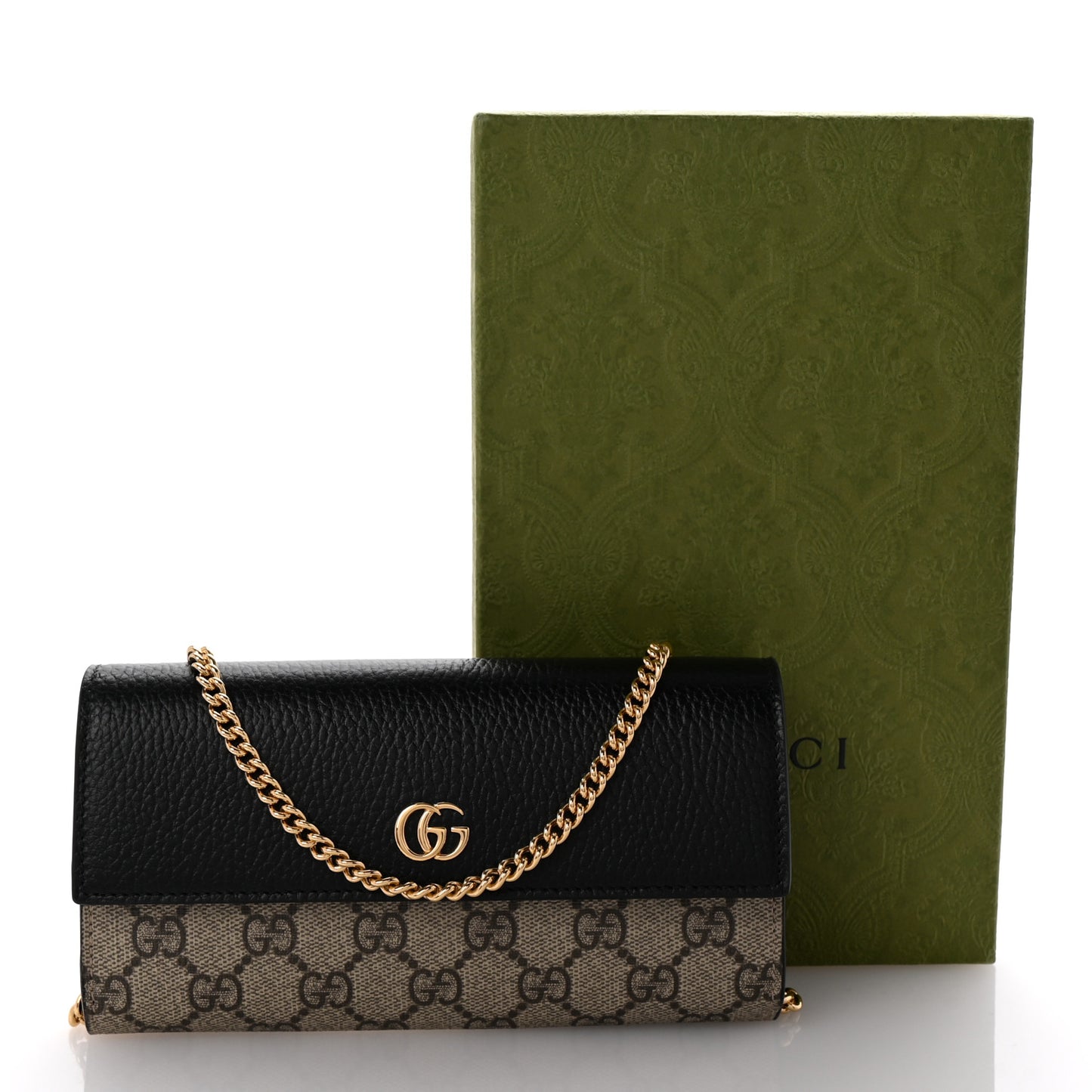 Dollar Calfskin GG Supreme Monogram Petite GG Marmont Wallet Chain Bag Black Beige Ebony