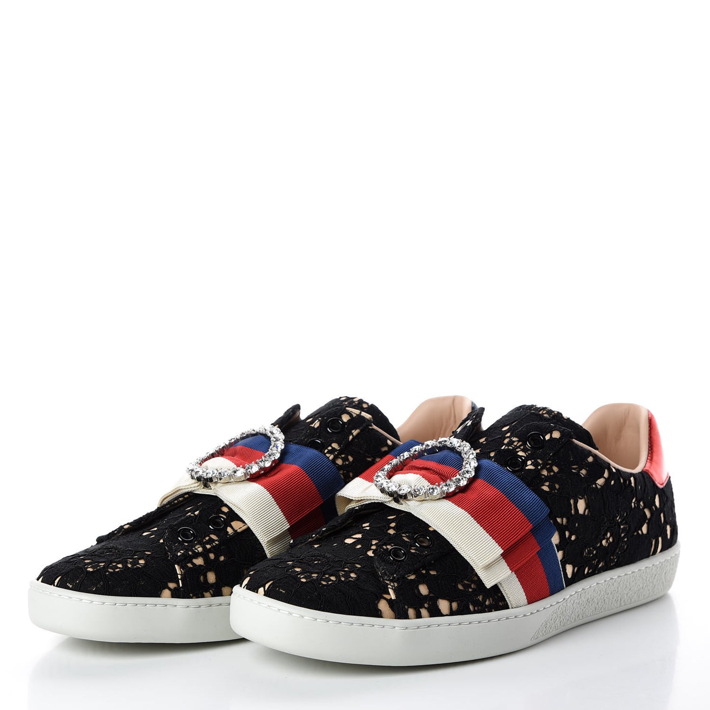 Lace Crystal Sylvie Web Flower Leaf Womens Ace Sneakers 37.5 Black Tan Beige